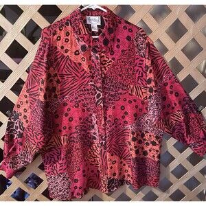 DIANE VON FURSTENBURG Silk Assets Vintage 90's Button up Exotic Print Red Top 1X